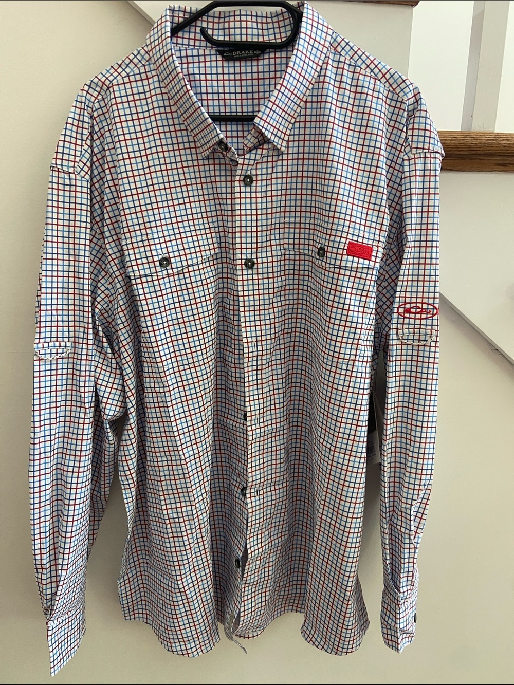 Drake Men's Button-Down Plaid Shirt in White, Blue, Red